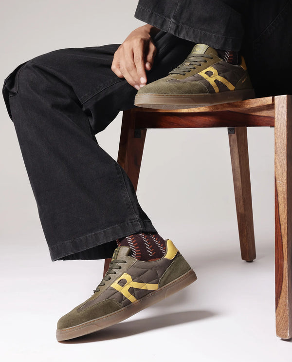 Rare Rabbit Men Atlas Olive Genuine Suede and Parachute Dual Tone Lace-Up Sneaker Shoes
