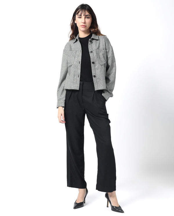 Rareism Women Atmos Black Polyester Fabric Full Sleeves Button Closure Shirt Collar Regular Fit Textured Jacket