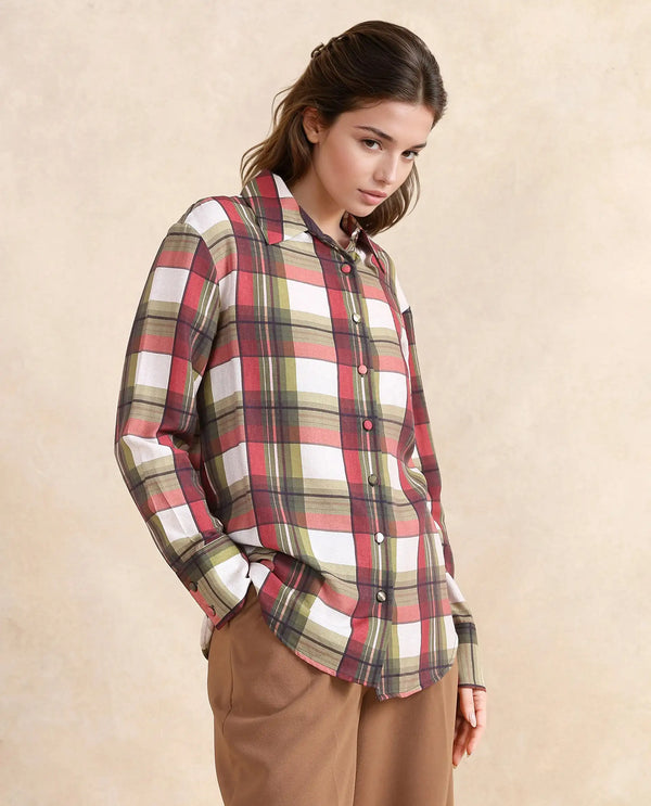 Rareism Women Atoil Multi Cuffed Sleeve Collared Neck Button Closure Checked Shirt