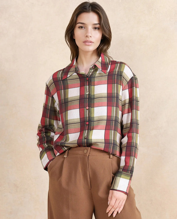 Rareism Women Atoil Multi Cuffed Sleeve Collared Neck Button Closure Checked Shirt