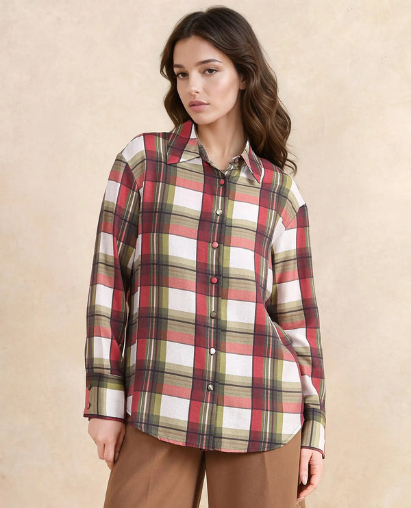 Rareism Women Atoil Multi Cuffed Sleeve Collared Neck Button Closure Checked Shirt