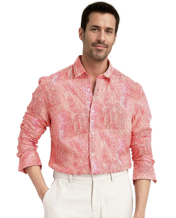 Rare Rabbit Mens Audie Pink Viscose Fabric Full Sleeves Regular Fit Brush Stroke Abstract Print Shirt