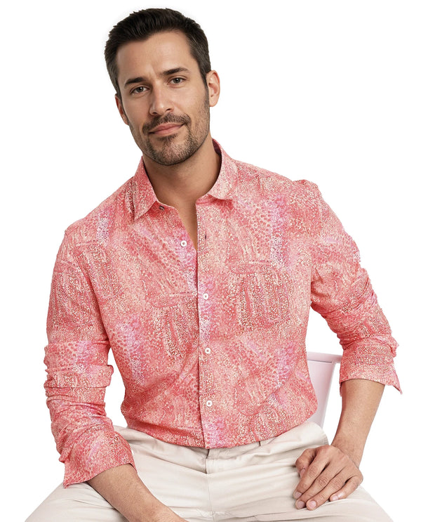 Rare Rabbit Mens Audie Pink Viscose Fabric Full Sleeves Regular Fit Brush Stroke Abstract Print Shirt