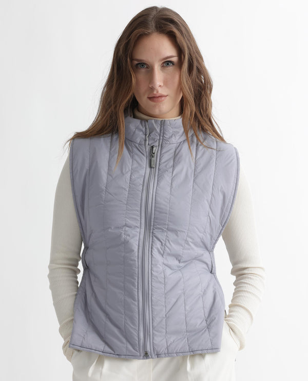 Rareism Women Aurora Beige Polyester Fabric Sleeveless Solid High Neck Jacket