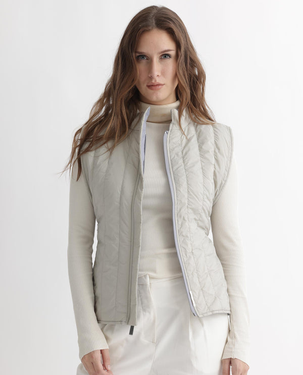 Rareism Women Aurora Beige Polyester Fabric Sleeveless Solid High Neck Jacket
