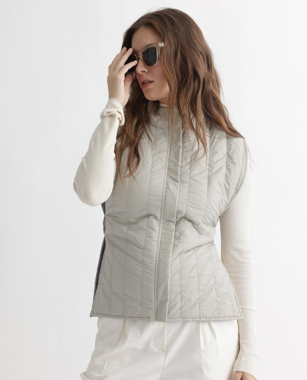 Rareism Women Aurora Beige Polyester Fabric Sleeveless Solid High Neck Jacket