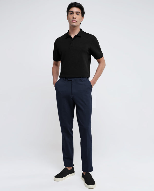 Rare Rabbit Men Austin Navy Button And Zip Closure Relaxed Fit Plain Trouser