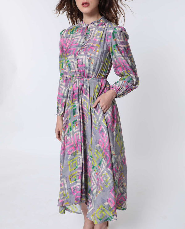 Rareism Women Austir Multi Polyester Fabric Full Sleeves Button Closure Mandarin Collar Balloon Sleeve Regular Fit Geometric Print Maxi Empire Dress