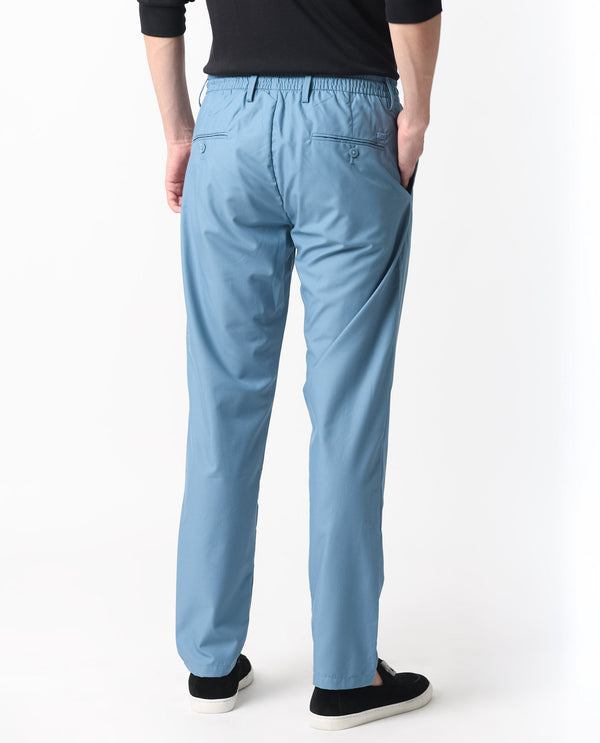 Rare Rabbit Men's Aux Blue Solid Mid-Rise Regular Fit With Drawstring And Elastic Waistband Trouser