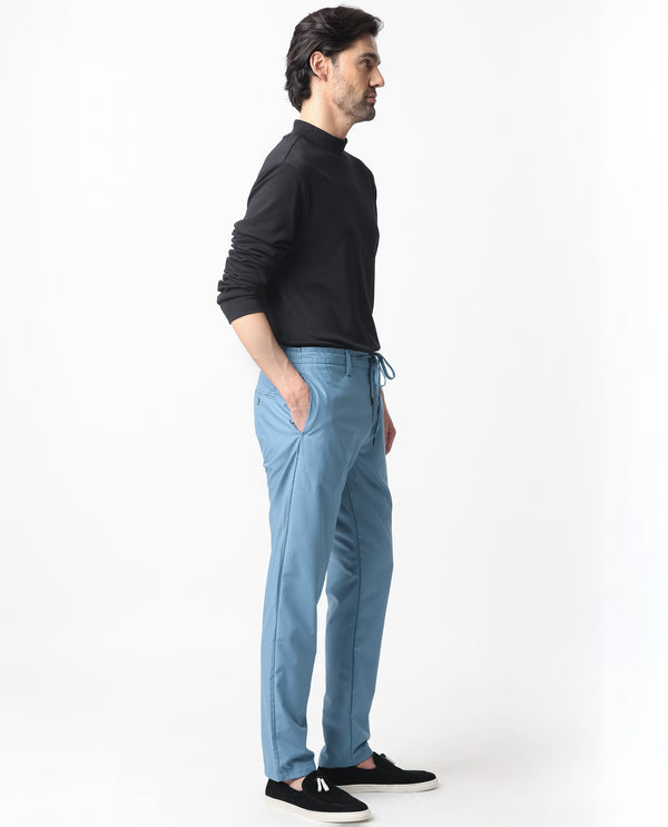 Rare Rabbit Men's Aux Blue Solid Mid-Rise Regular Fit With Drawstring And Elastic Waistband Trouser