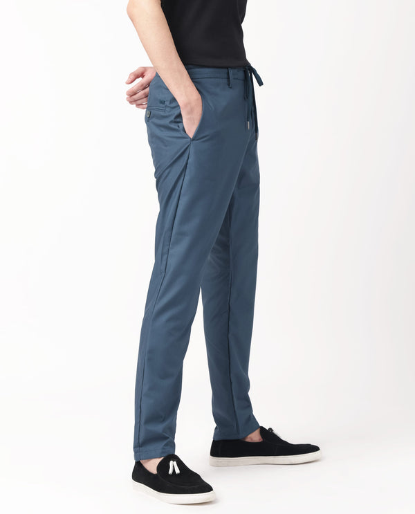 Rare Rabbit Men's Aux Petrol Solid Mid-Rise With Drawstring And Elastic Waistband Regular Fit Trouser