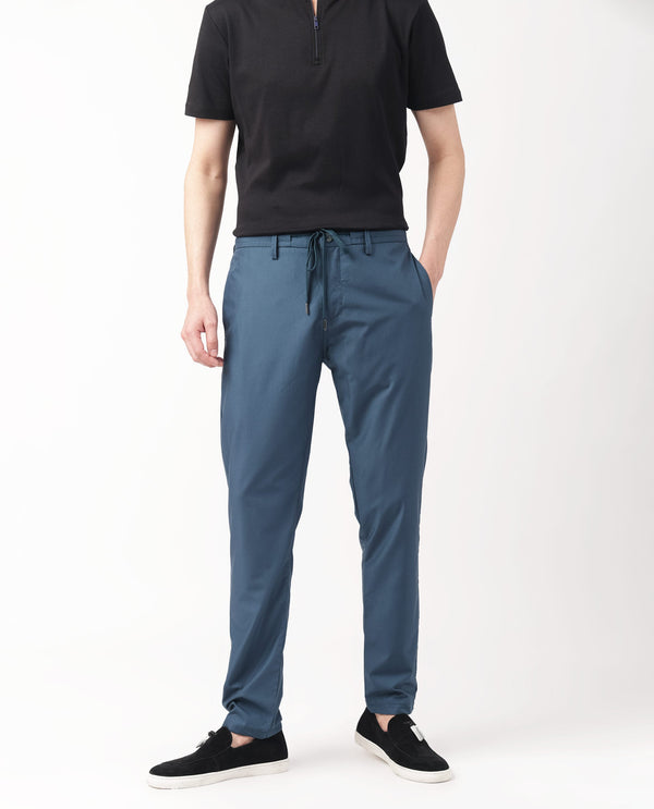 Rare Rabbit Men's Aux Petrol Solid Mid-Rise With Drawstring And Elastic Waistband Regular Fit Trouser