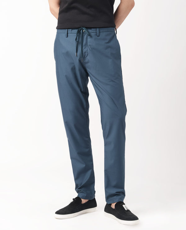 Rare Rabbit Men's Aux Petrol Solid Mid-Rise With Drawstring And Elastic Waistband Regular Fit Trouser