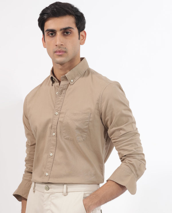 Rare Rabbit Men's Auxfo Beige Cotton Fabric Full Sleeves Solid Shirt