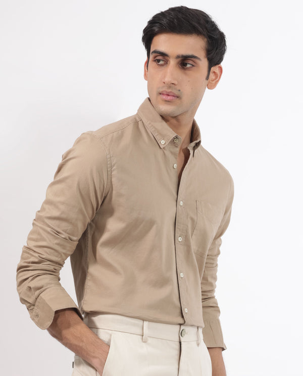 Rare Rabbit Men's Auxfo Beige Cotton Fabric Full Sleeves Solid Shirt