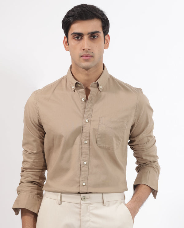 Rare Rabbit Men's Auxfo Beige Cotton Fabric Full Sleeves Solid Shirt