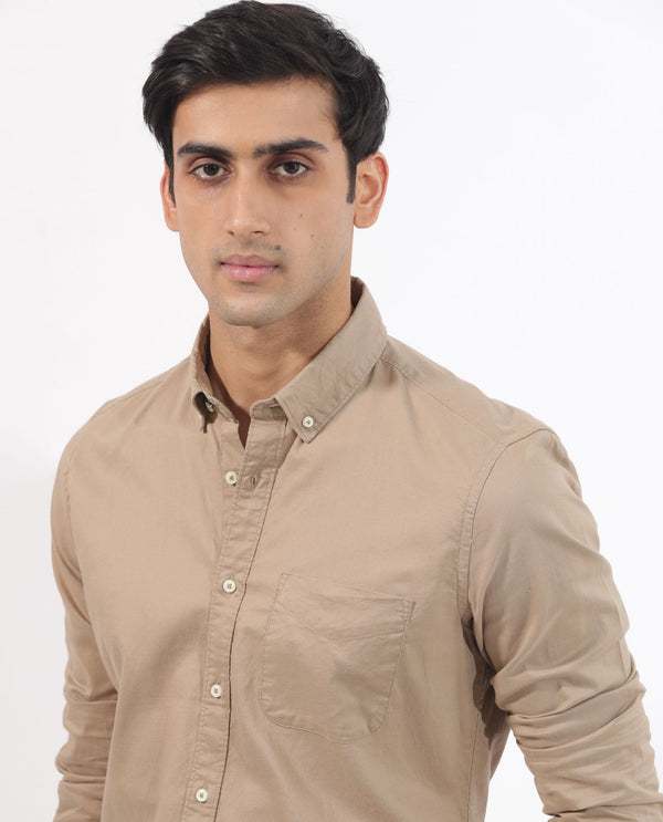 Rare Rabbit Men's Auxfo Beige Cotton Fabric Full Sleeves Solid Shirt