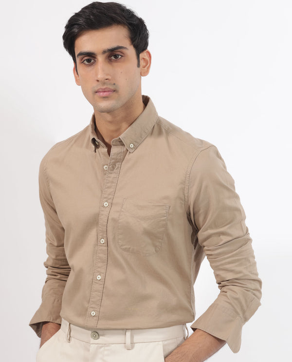 Rare Rabbit Men's Auxfo Beige Cotton Fabric Full Sleeves Solid Shirt