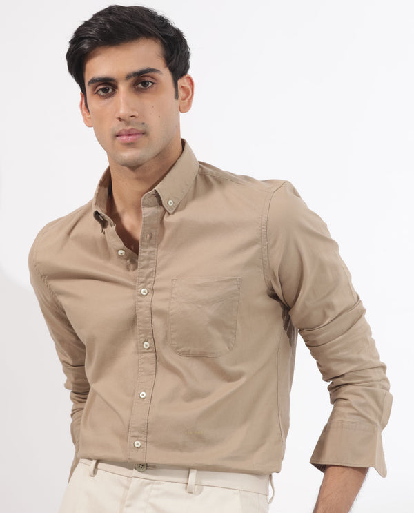 Rare Rabbit Men's Auxfo Beige Cotton Fabric Full Sleeves Solid Shirt