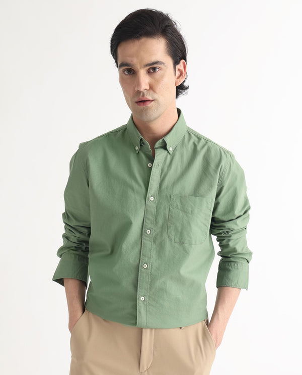 Rare Rabbit Men's Auxfo Green Cotton Fabric Full Sleeves Solid Shirt