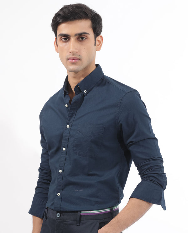 Rare Rabbit Men's Auxfo Navy Cotton Fabric Full Sleeves Solid Shirt