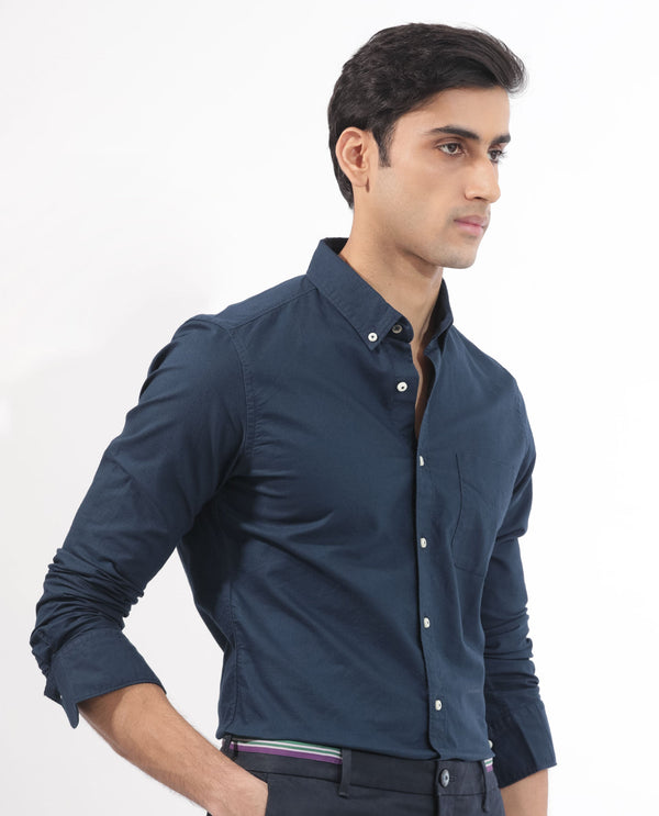 Rare Rabbit Men's Auxfo Navy Cotton Fabric Full Sleeves Solid Shirt