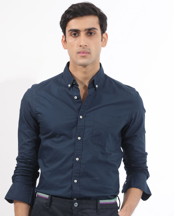 Rare Rabbit Men's Auxfo Navy Cotton Fabric Full Sleeves Solid Shirt