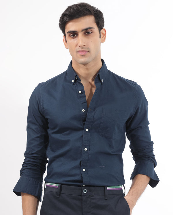 Rare Rabbit Men's Auxfo Navy Cotton Fabric Full Sleeves Solid Shirt