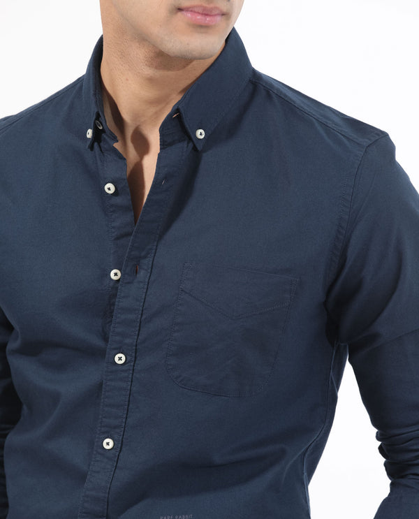 Rare Rabbit Men's Auxfo Navy Cotton Fabric Full Sleeves Solid Shirt