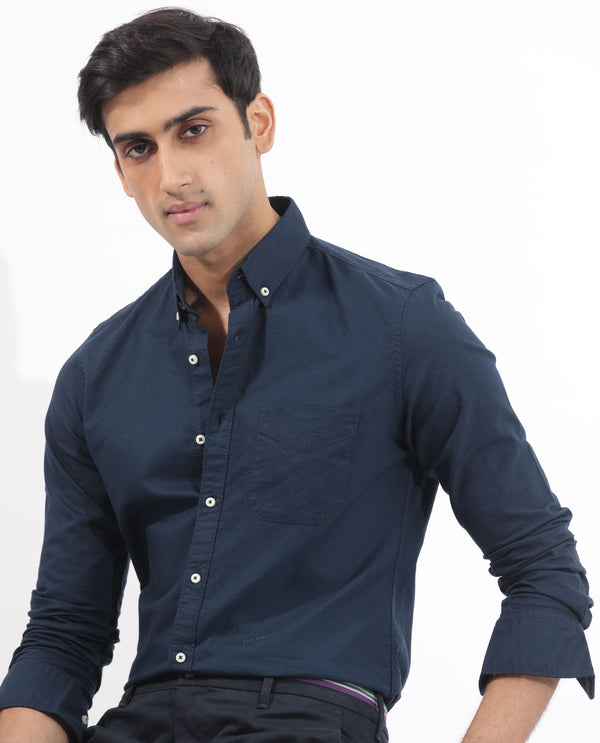 Rare Rabbit Men's Auxfo Navy Cotton Fabric Full Sleeves Solid Shirt