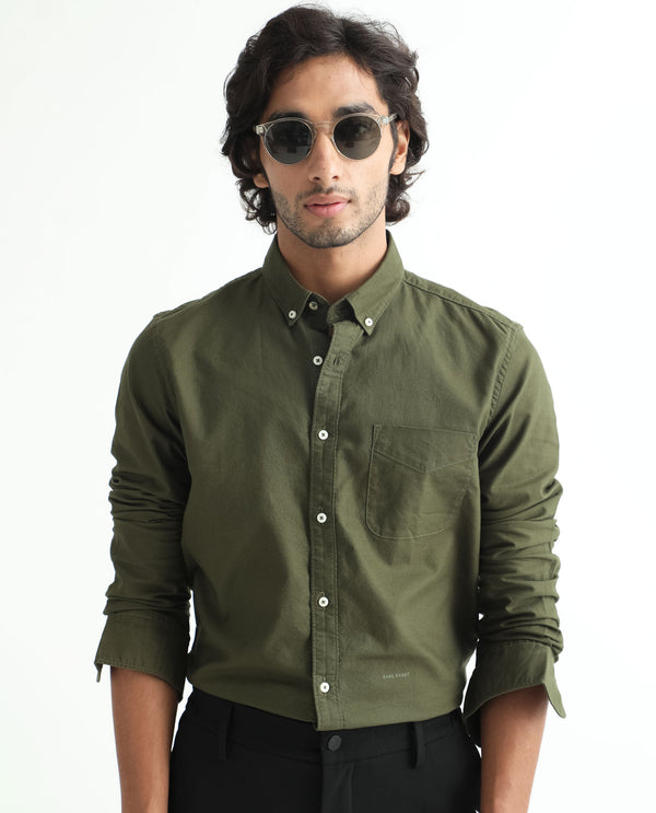 Rare Rabbit Men's Auxfo Olive Cotton Fabric Full Sleeves Solid Shirt