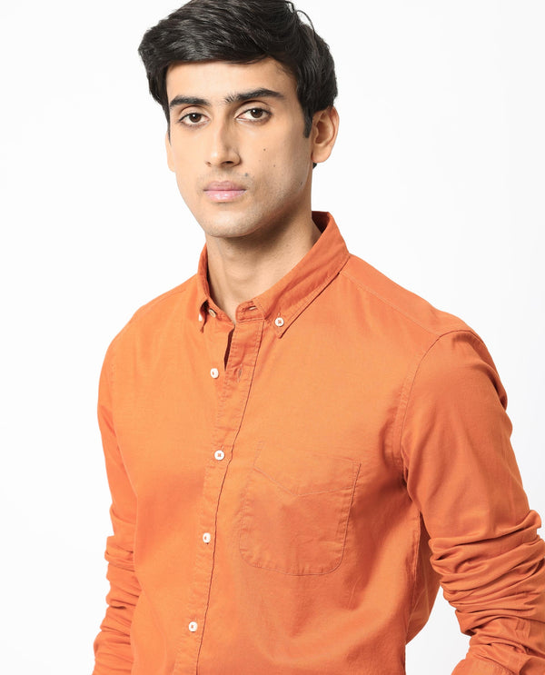 Rare Rabbit Men's Auxfo Orange Cotton Fabric Full Sleeves Solid Shirt