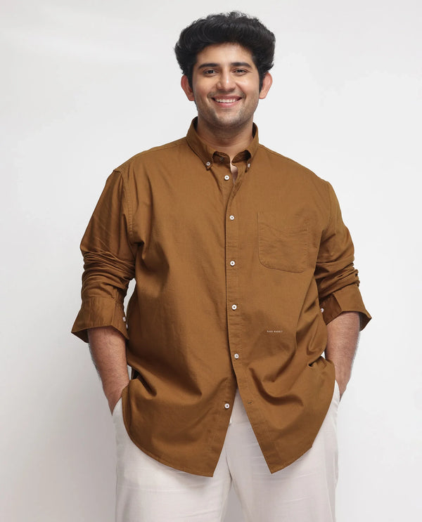 Rare Rabbit Men's Auxfo Rust Cotton Fabric Full Sleeves Solid Shirt Plus Size