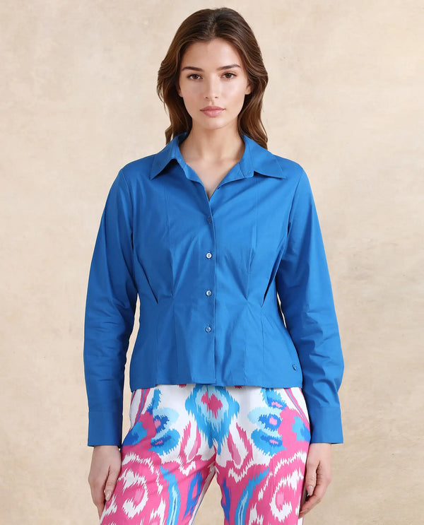 Rareism Women Avica Blue Cotton Fabric Cuffed Sleeve Collared Neck Button Closure Plain Shirt