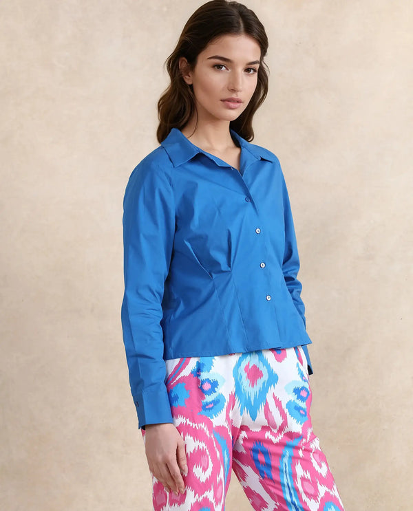 Rareism Women Avica Blue Cotton Fabric Cuffed Sleeve Collared Neck Button Closure Plain Shirt