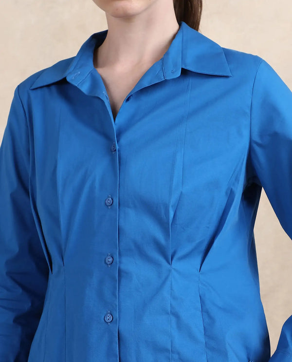 Rareism Women Avica Blue Cotton Fabric Cuffed Sleeve Collared Neck Button Closure Plain Shirt