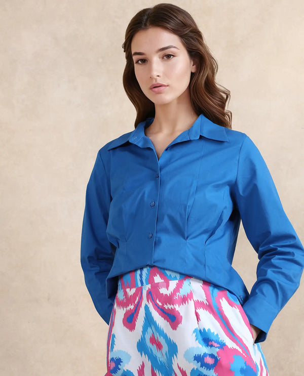 Rareism Women Avica Blue Cotton Fabric Cuffed Sleeve Collared Neck Button Closure Plain Shirt