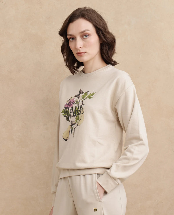 Rareism Women Avoca Beige Cotton Poly Fabric Full Sleeve Crew Neck Regular Fit Floral Print Sweatshirt
