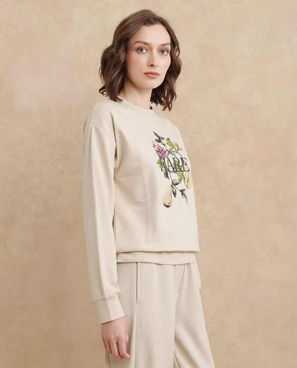 Rareism Women Avoca Beige Cotton Poly Fabric Full Sleeve Crew Neck Regular Fit Floral Print Sweatshirt