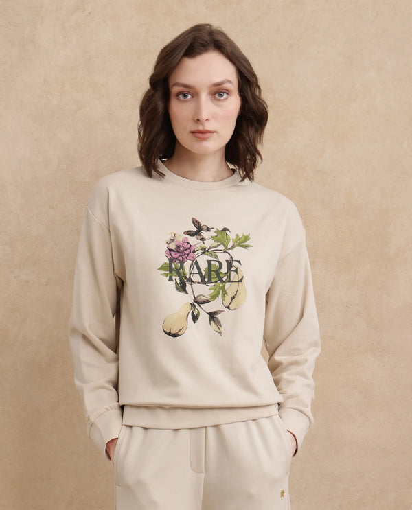Rareism Women Avoca Beige Cotton Poly Fabric Full Sleeve Crew Neck Regular Fit Floral Print Sweatshirt