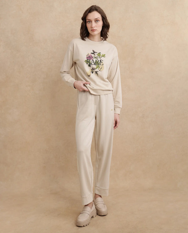 Rareism Women Avoca Beige Cotton Poly Fabric Full Sleeve Crew Neck Regular Fit Floral Print Sweatshirt