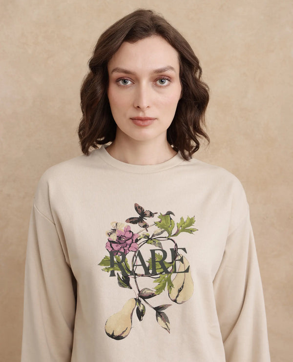 Rareism Women Avoca Beige Cotton Poly Fabric Full Sleeve Crew Neck Regular Fit Floral Print Sweatshirt