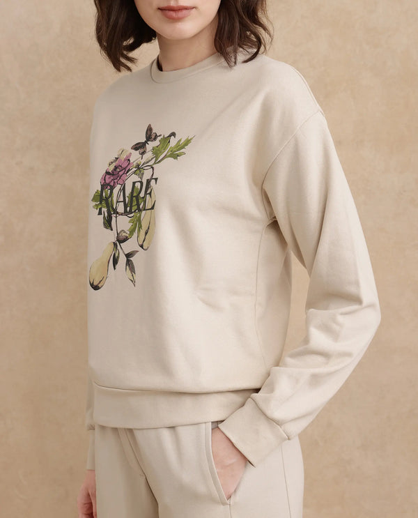 Rareism Women Avoca Beige Cotton Poly Fabric Full Sleeve Crew Neck Regular Fit Floral Print Sweatshirt