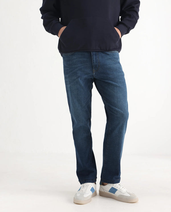 Rare Rabbit Men Axel Blue Cotton Blend Fabric Mid Rise Button and Zip Closure Mid Wash Plain Jeans