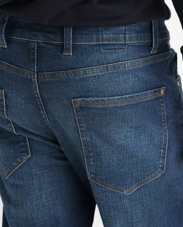 Rare Rabbit Men Axel Blue Cotton Blend Fabric Mid Rise Button and Zip Closure Mid Wash Plain Jeans