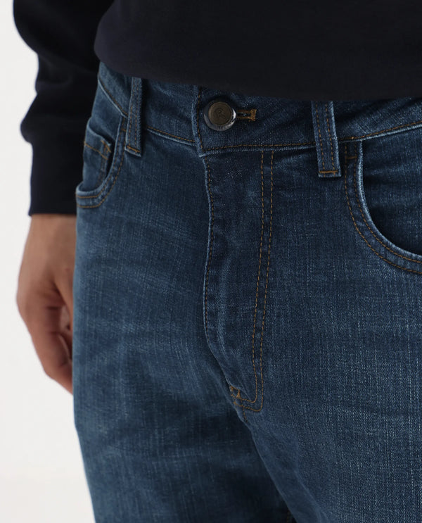 Rare Rabbit Men Axel Blue Cotton Blend Fabric Mid Rise Button and Zip Closure Mid Wash Plain Jeans