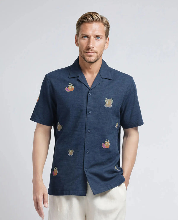 Rare Rabbit Men's Axels Navy Cotton Viscose Fabric Half Sleeve Cuban Collar Relaxed Fit Embroidered Shirt