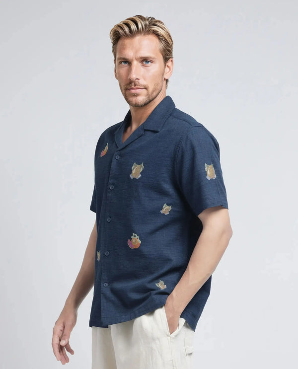 Rare Rabbit Men's Axels Navy Cotton Viscose Fabric Half Sleeve Cuban Collar Relaxed Fit Embroidered Shirt
