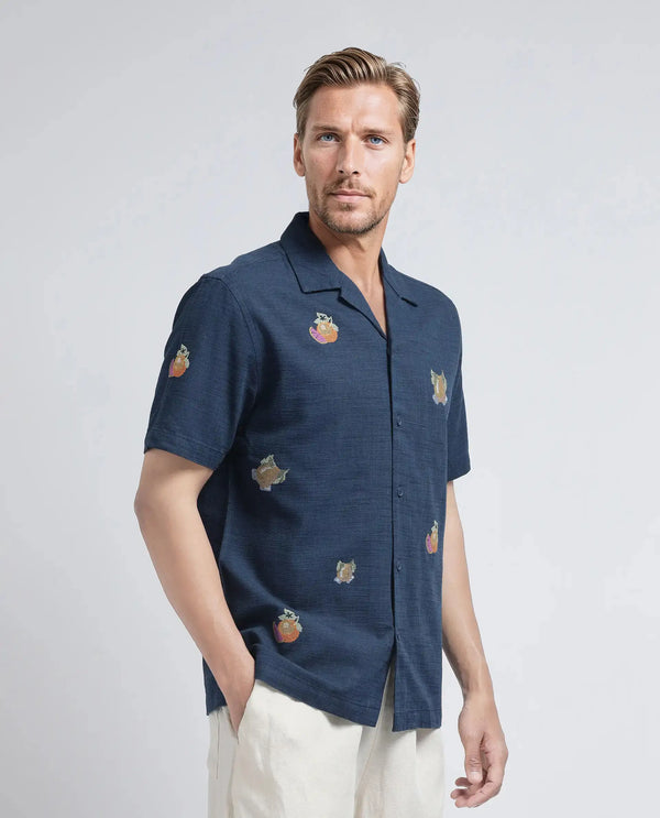Rare Rabbit Men's Axels Navy Cotton Viscose Fabric Half Sleeve Cuban Collar Relaxed Fit Embroidered Shirt