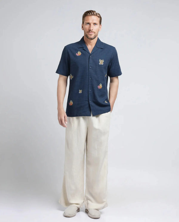Rare Rabbit Men's Axels Navy Cotton Viscose Fabric Half Sleeve Cuban Collar Relaxed Fit Embroidered Shirt